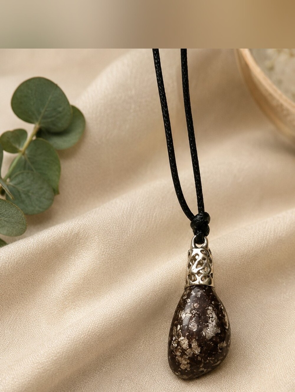 Silver Brown Jasper Teardrop Pendant Necklace